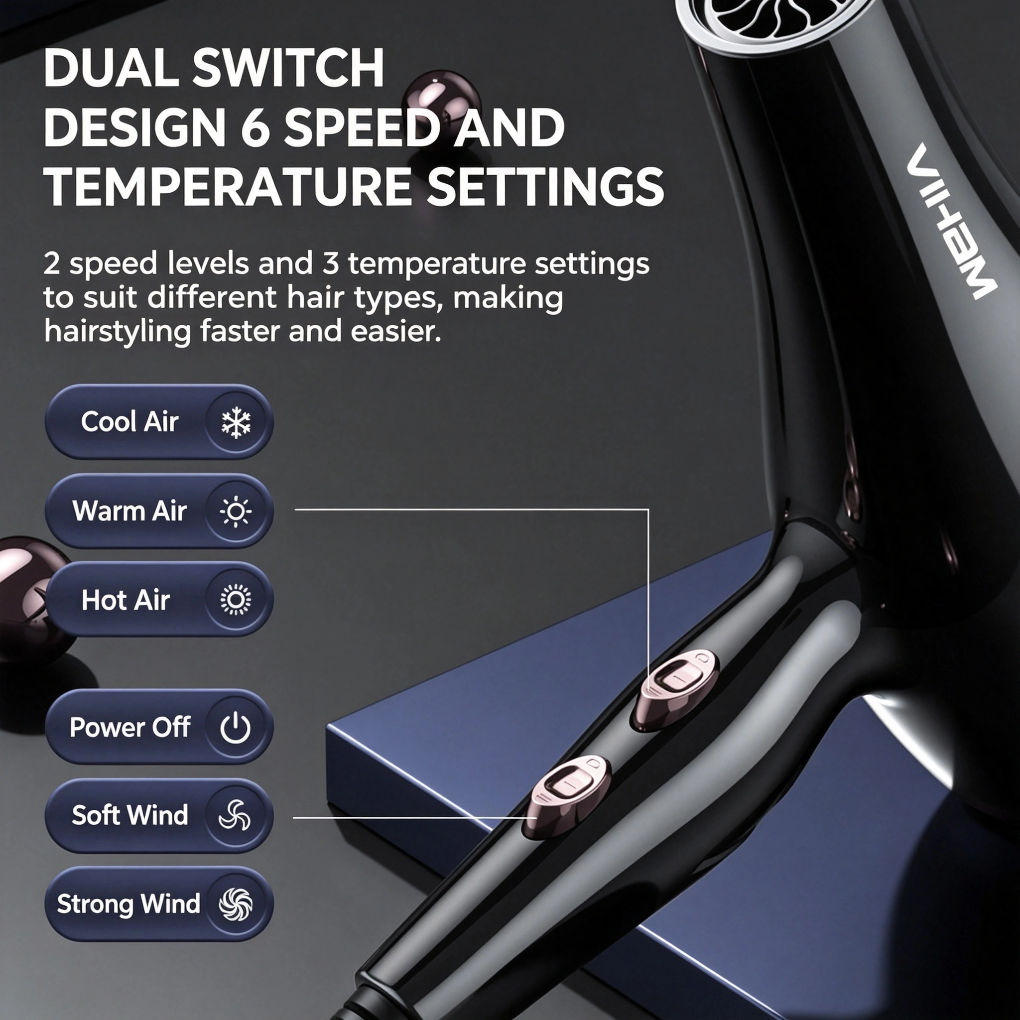 VIHAM Professional Negative Ionic Hair Dryer | 85K RPM Fast Dry, No Heat Damage, Salon-Quality Smooth Hair - Image 4