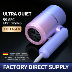 VIHAM Foldable Ionic Hair Dryer | Ultra-Quiet 59s Fast Dry, 57℃ Constant Temp, Collagen Care for Home & Travel