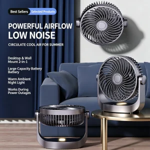 VIHAM  2-in-1 Desk & Wall Fan with LED Light | 3-Speed, 3D Air Circulation, Ultra-Quiet